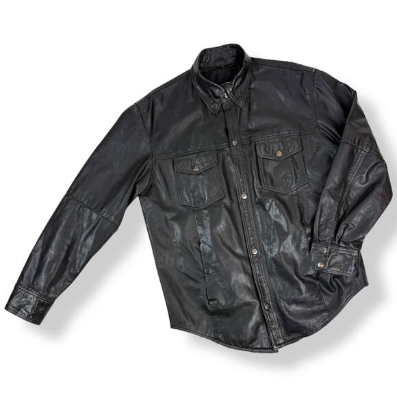 Vintage LEATHER KING Men's black genuine leather button down jacket shirt SMALL - Picture 2 of 15